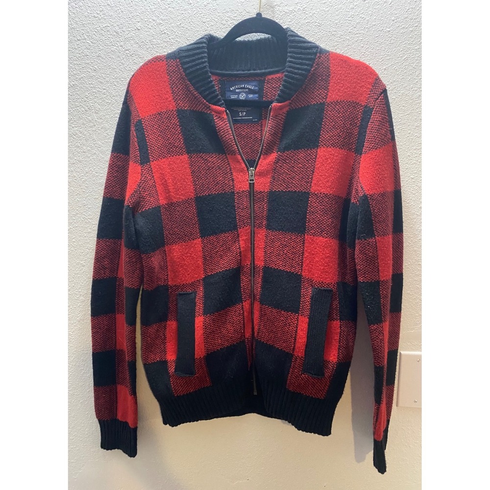 American Eagle Outfitters Red Buffalo Plaid Full Zip Sweater Women's Sm Pβ